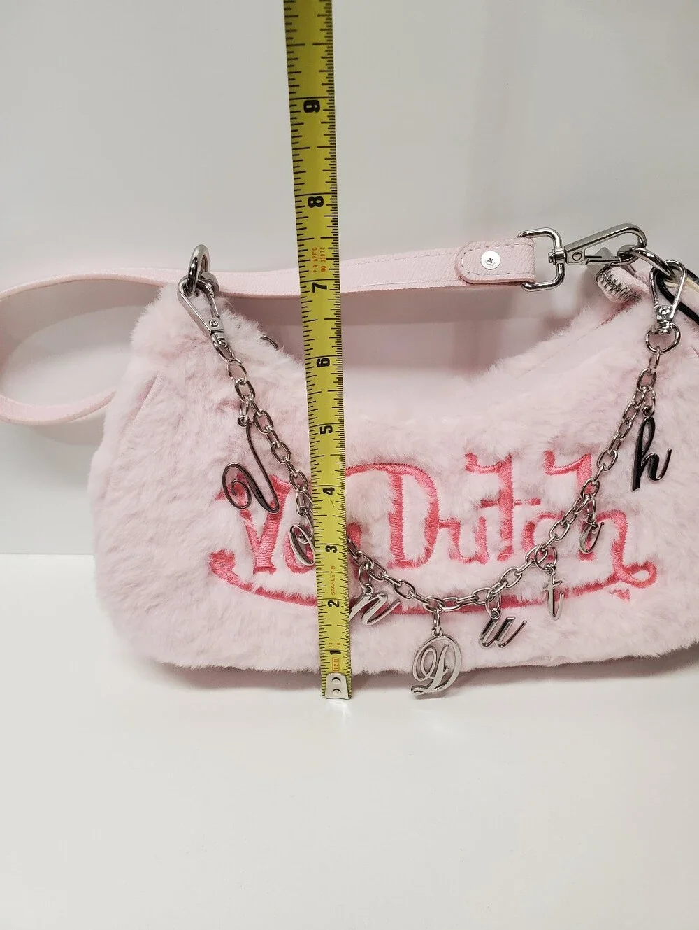 Von Dutch Light Pink Faux Fur Shoulder Bag with Charm Chain